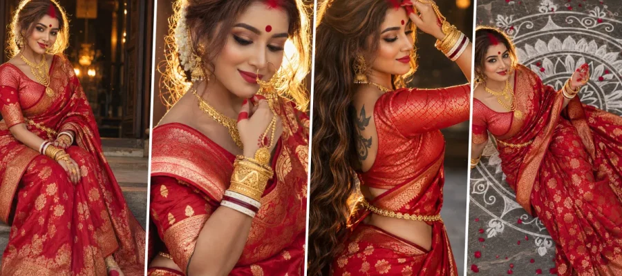Ultra realistic Indian bride wearing a luxurious red bridal saree with golden jewelry in cinematic wedding photography style