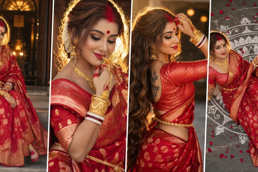 Ultra realistic Indian bride wearing a luxurious red bridal saree with golden jewelry in cinematic wedding photography style