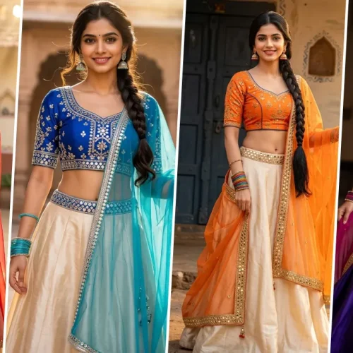 Ultra realistic Indian lehenga AI photo editing prompts featuring traditional ethnic fashion outfits for women, created with ChatGPT Image, FLUX AI, Gemini AI and Midjourney.