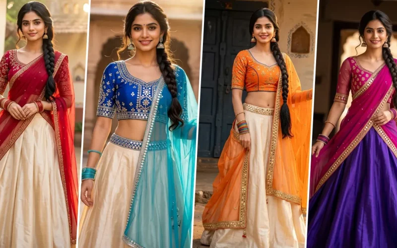 Ultra realistic Indian lehenga AI photo editing prompts featuring traditional ethnic fashion outfits for women, created with ChatGPT Image, FLUX AI, Gemini AI and Midjourney.