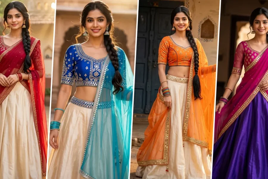 Ultra realistic Indian lehenga AI photo editing prompts featuring traditional ethnic fashion outfits for women, created with ChatGPT Image, FLUX AI, Gemini AI and Midjourney.