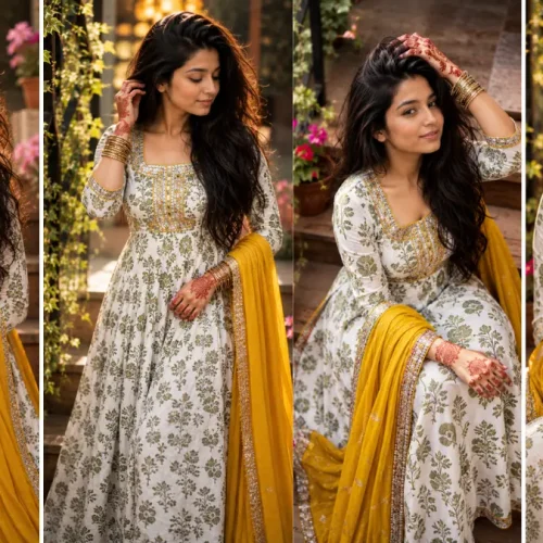 Ultra realistic Indian woman wearing an elegant floral salwar suit with yellow dupatta in a professional ethnic fashion photography portrait