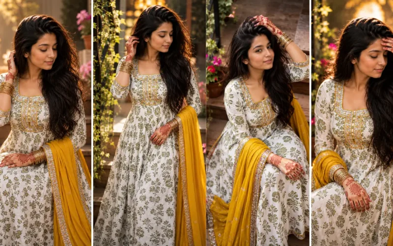 Ultra realistic Indian woman wearing an elegant floral salwar suit with yellow dupatta in a professional ethnic fashion photography portrait