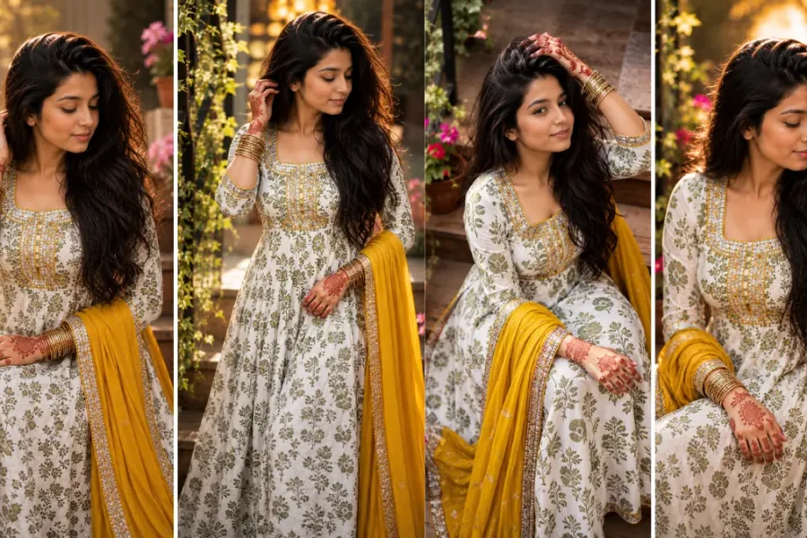 Ultra realistic Indian woman wearing an elegant floral salwar suit with yellow dupatta in a professional ethnic fashion photography portrait
