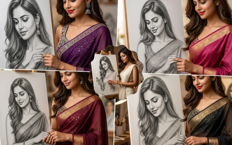 AI generated Indian saree portrait with realistic photography and pencil sketch artwork transformation