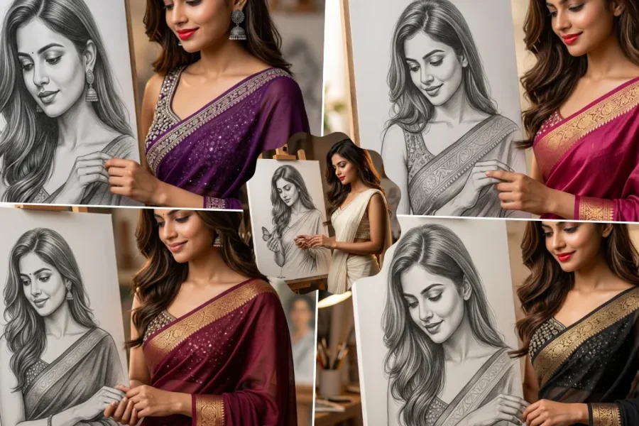AI generated Indian saree portrait with realistic photography and pencil sketch artwork transformation