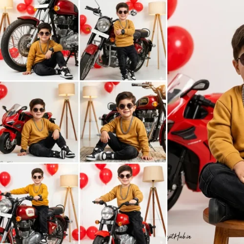 Ultra realistic kids lifestyle portrait with toy motorcycle photoshoot, cinematic AI generated prompt style