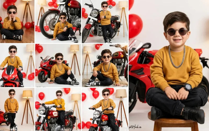 Ultra realistic kids lifestyle portrait with toy motorcycle photoshoot, cinematic AI generated prompt style