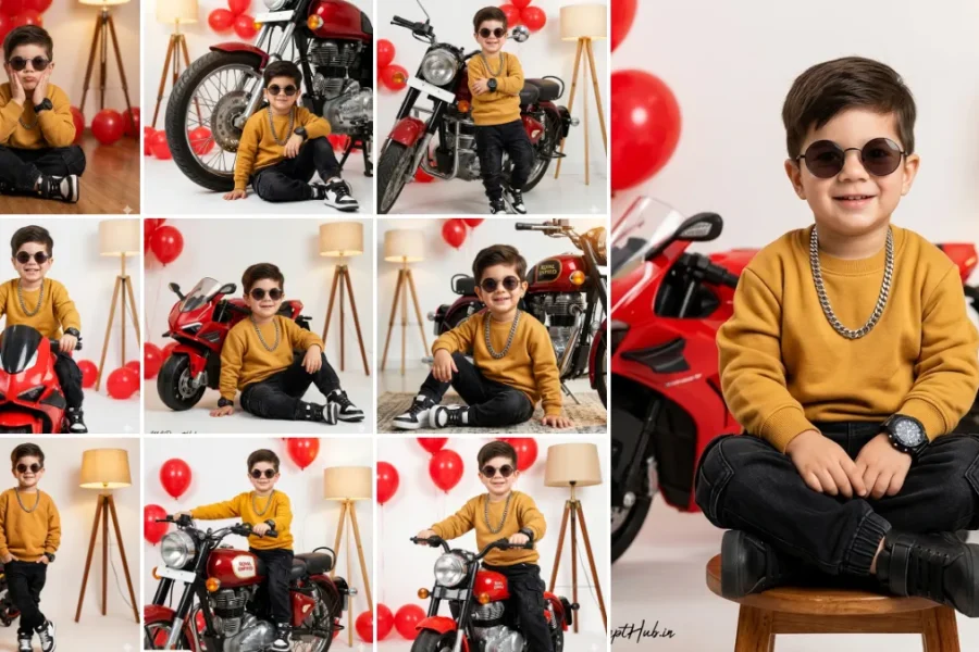 Ultra realistic kids lifestyle portrait with toy motorcycle photoshoot, cinematic AI generated prompt style