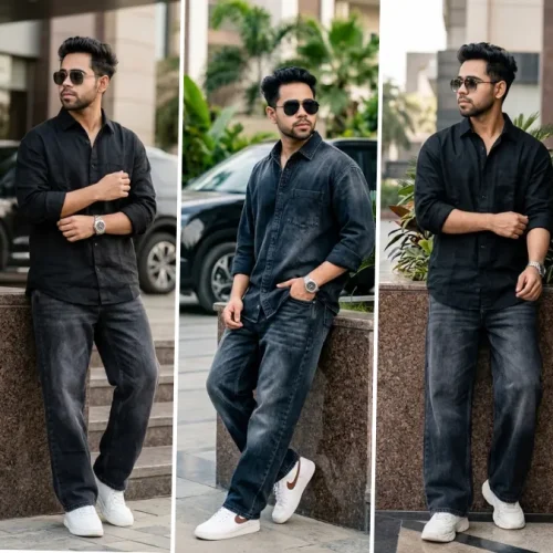 Ultra realistic male fashion model wearing a black denim outfit and sunglasses in a modern street-style lifestyle photography portrait