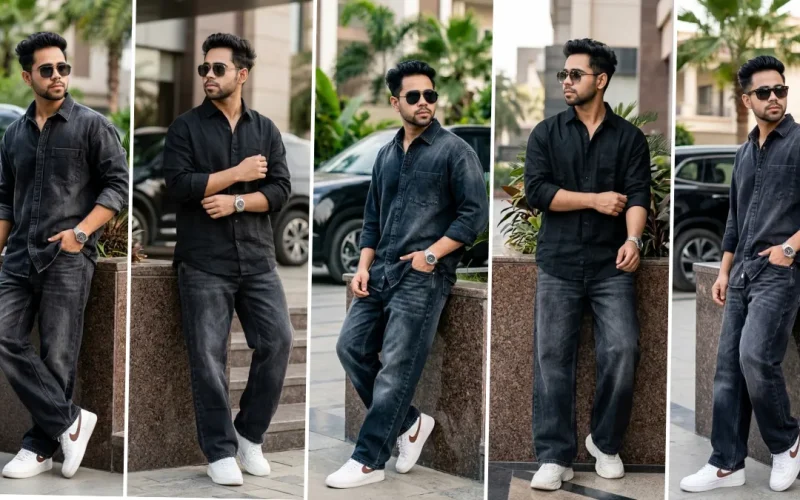 Ultra realistic male fashion model wearing a black denim outfit and sunglasses in a modern street-style lifestyle photography portrait