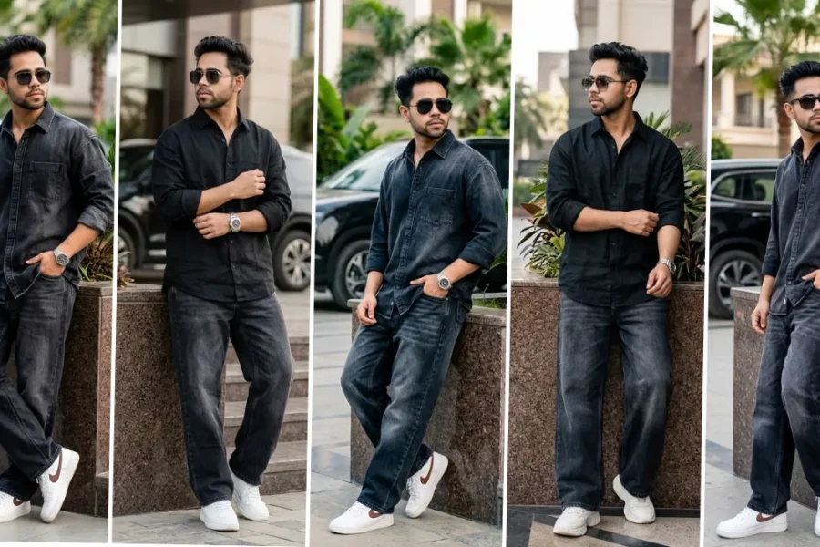 Ultra realistic male fashion model wearing a black denim outfit and sunglasses in a modern street-style lifestyle photography portrait