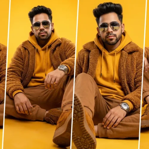 Ultra realistic men's hoodie AI photo editing prompts featuring stylish casual streetwear fashion portraits with yellow hoodie, brown fleece jacket, sunglasses, and cinematic studio lighting.
