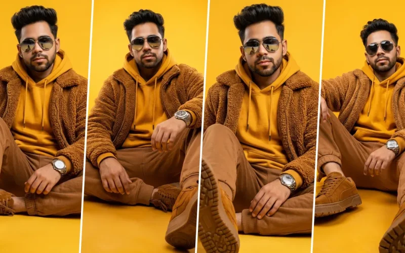 Ultra realistic men's hoodie AI photo editing prompts featuring stylish casual streetwear fashion portraits with yellow hoodie, brown fleece jacket, sunglasses, and cinematic studio lighting.