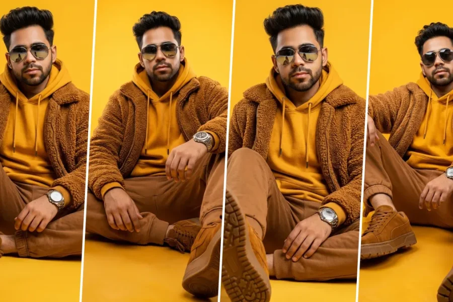 Ultra realistic men's hoodie AI photo editing prompts featuring stylish casual streetwear fashion portraits with yellow hoodie, brown fleece jacket, sunglasses, and cinematic studio lighting.