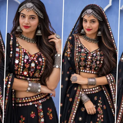 Ultra realistic Indian girl wearing traditional black Navratri chaniya choli with mirror work embroidery and silver jewelry in cinematic ethnic fashion style
