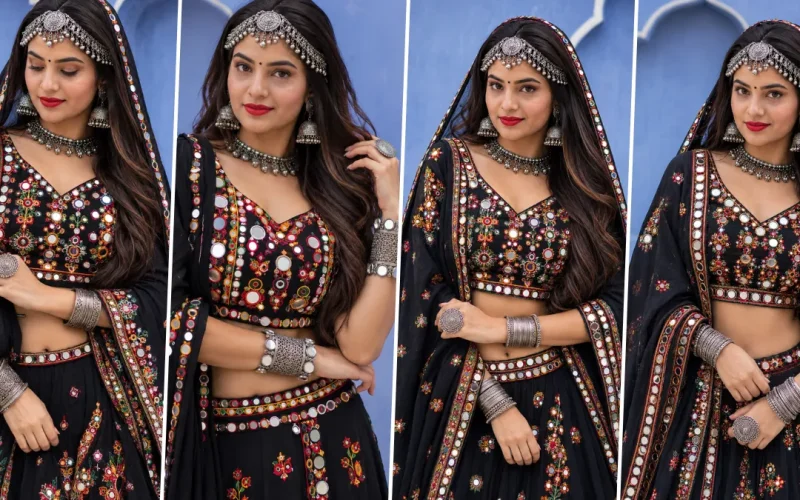 Ultra realistic Indian girl wearing traditional black Navratri chaniya choli with mirror work embroidery and silver jewelry in cinematic ethnic fashion style