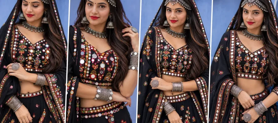 Ultra realistic Indian girl wearing traditional black Navratri chaniya choli with mirror work embroidery and silver jewelry in cinematic ethnic fashion style
