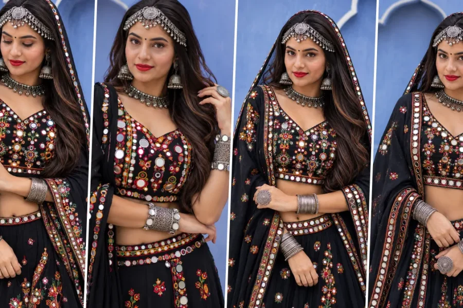 Ultra realistic Indian girl wearing traditional black Navratri chaniya choli with mirror work embroidery and silver jewelry in cinematic ethnic fashion style