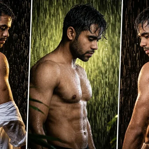 Ultra realistic muscular male fitness model standing in rain with cinematic lighting and dramatic wet-look bodybuilding photography style