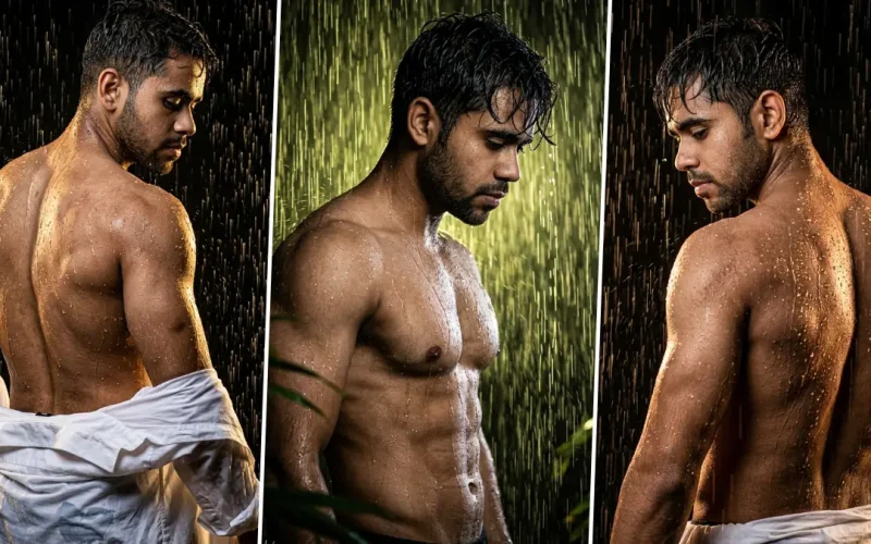Ultra realistic muscular male fitness model standing in rain with cinematic lighting and dramatic wet-look bodybuilding photography style