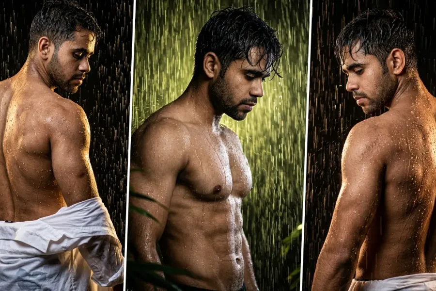 Ultra realistic muscular male fitness model standing in rain with cinematic lighting and dramatic wet-look bodybuilding photography style