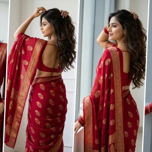 Ultra realistic Indian woman wearing a luxurious red saree with golden embroidery in a professional fashion photography portrait style