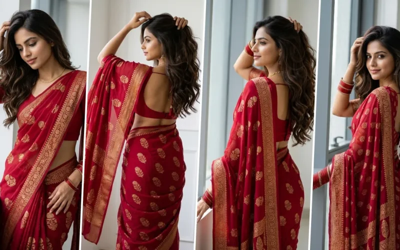Ultra realistic Indian woman wearing a luxurious red saree with golden embroidery in a professional fashion photography portrait style