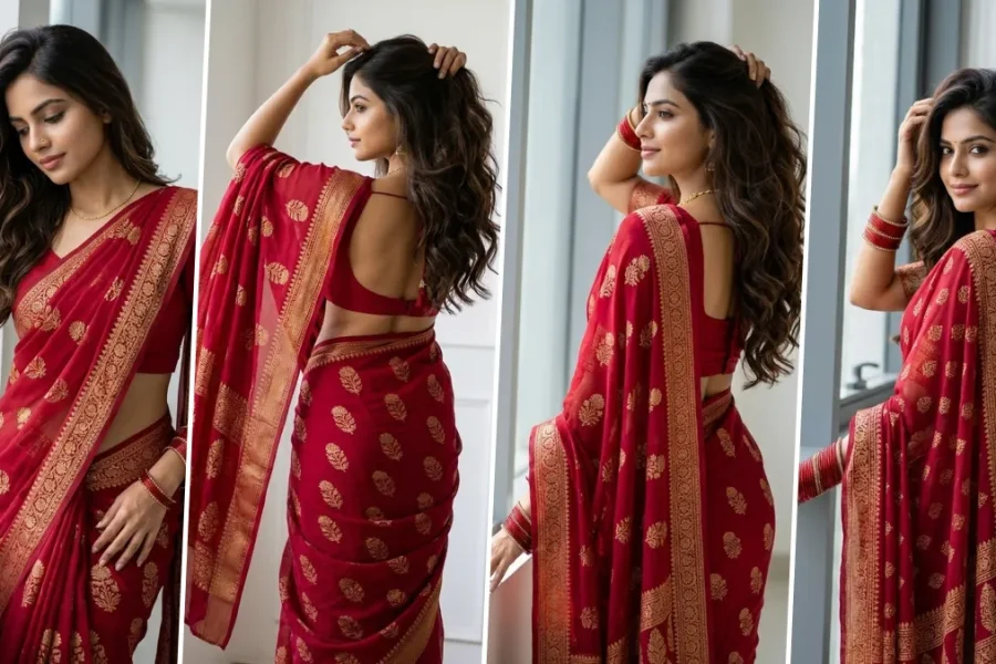 Ultra realistic Indian woman wearing a luxurious red saree with golden embroidery in a professional fashion photography portrait style