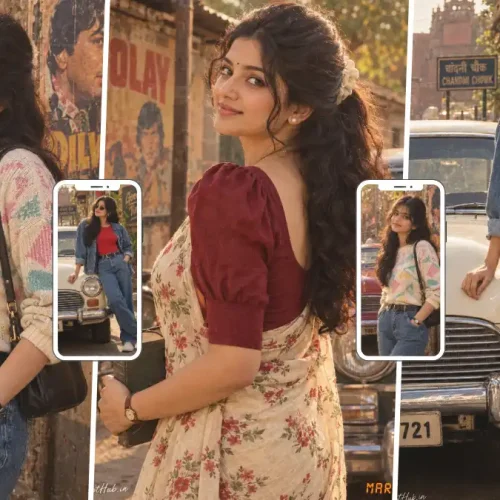 Indian woman in retro 1980s fashion posing beside a classic vintage car