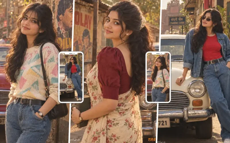 Indian woman in retro 1980s fashion posing beside a classic vintage car