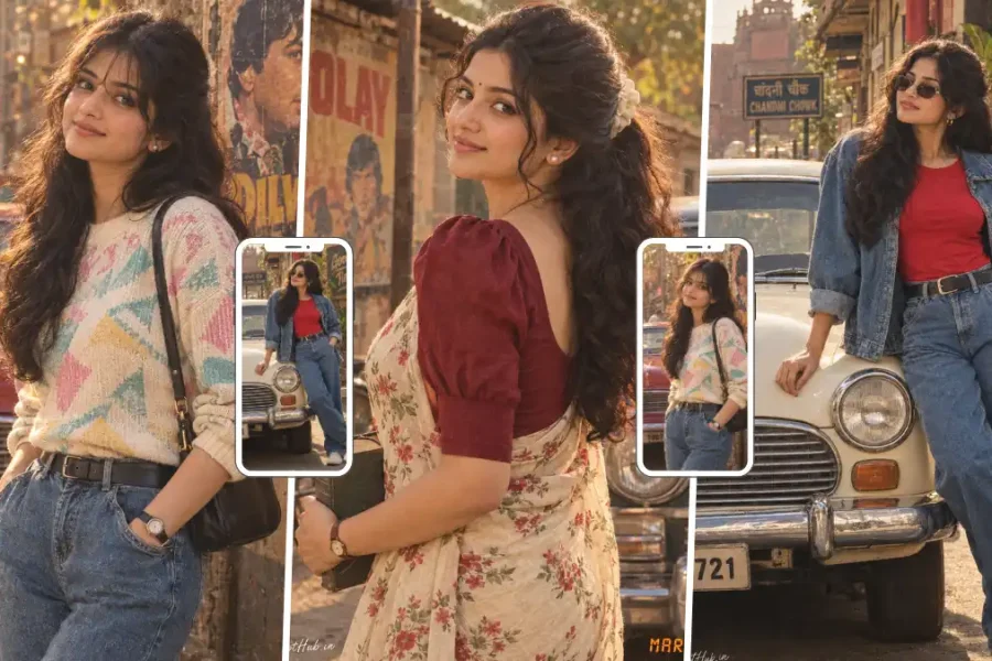 Indian woman in retro 1980s fashion posing beside a classic vintage car