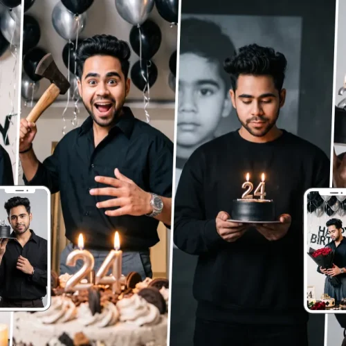 Young man in a black shirt posing with a black birthday cake and number 24 candles
