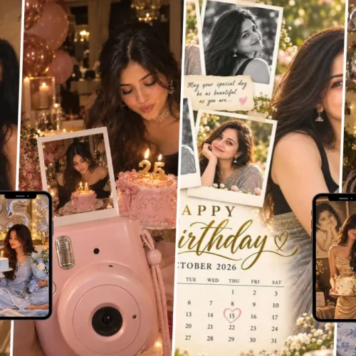 Young woman celebrating her 25th birthday with cake, Polaroid memories and nostalgic childhood photos