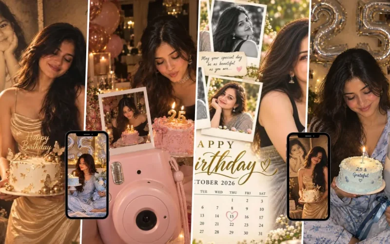 Young woman celebrating her 25th birthday with cake, Polaroid memories and nostalgic childhood photos