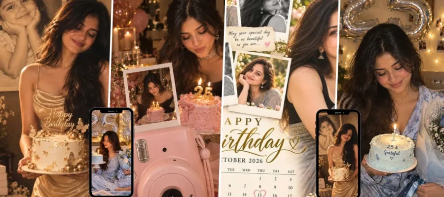 Young woman celebrating her 25th birthday with cake, Polaroid memories and nostalgic childhood photos