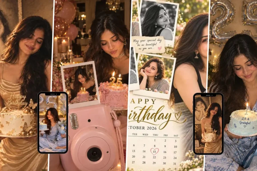 Young woman celebrating her 25th birthday with cake, Polaroid memories and nostalgic childhood photos