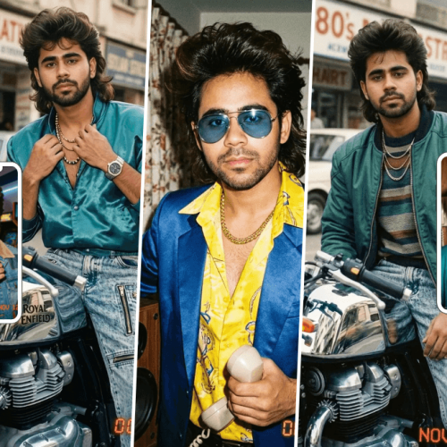 Stylish young man in colorful retro 80s fashion posing beside a classic motorcycle