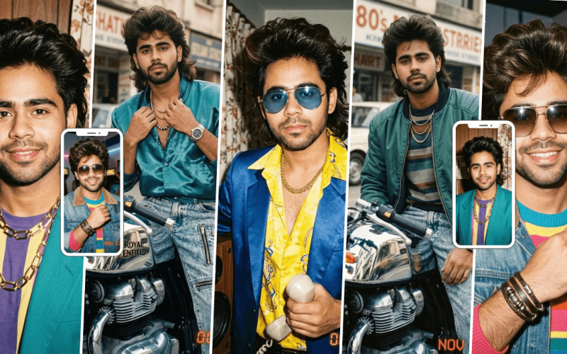 Stylish young man in colorful retro 80s fashion posing beside a classic motorcycle