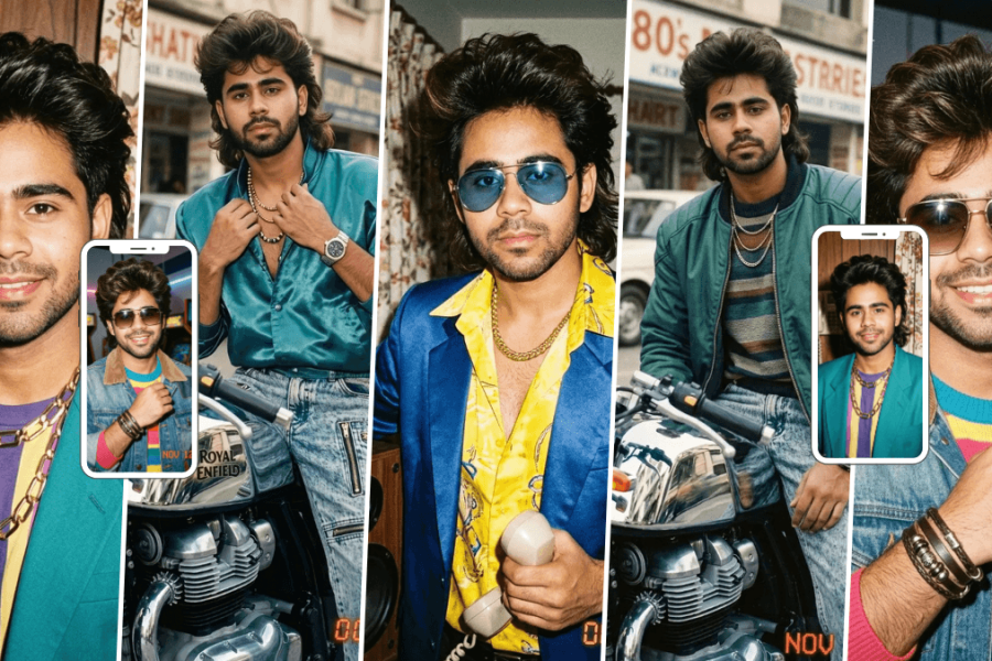 Stylish young man in colorful retro 80s fashion posing beside a classic motorcycle