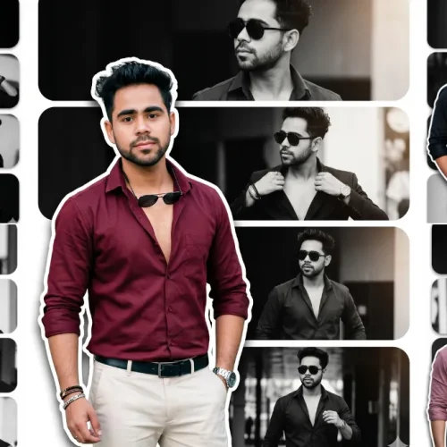 Stylish male fashion collage with cinematic black and white AI portrait photography for Instagram