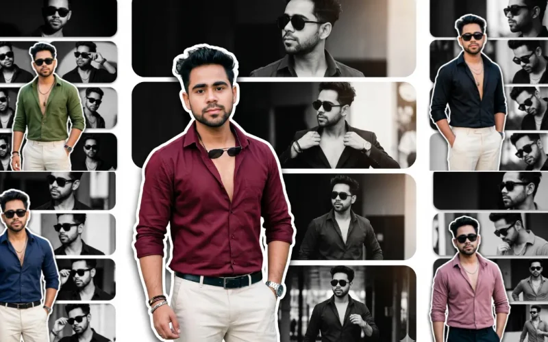 Stylish male fashion collage with cinematic black and white AI portrait photography for Instagram