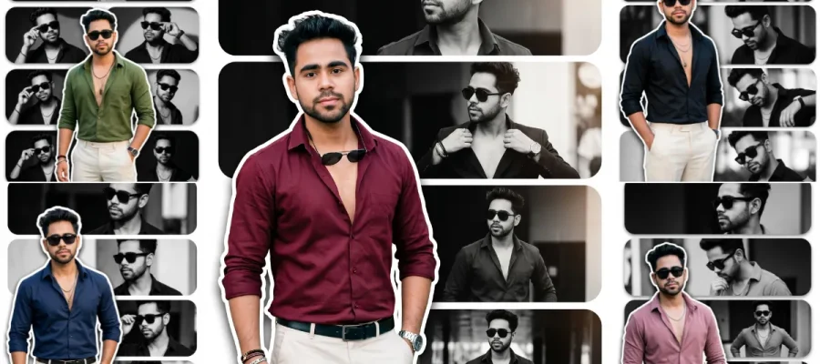 Stylish male fashion collage with cinematic black and white AI portrait photography for Instagram