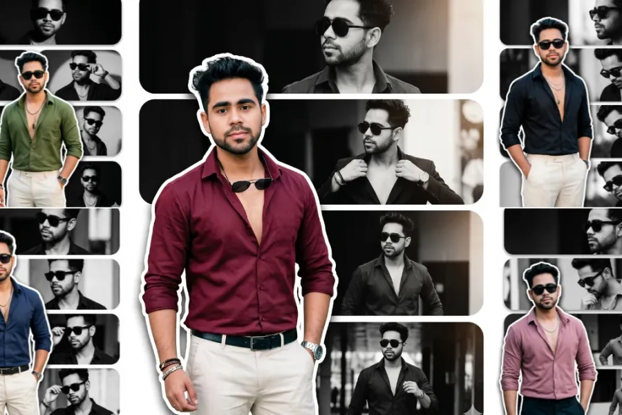 Stylish male fashion collage with cinematic black and white AI portrait photography for Instagram