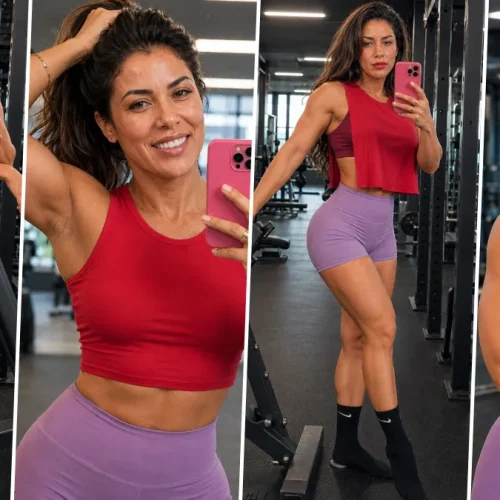 Realistic female fitness model taking gym selfie generated using AI photography prompt
