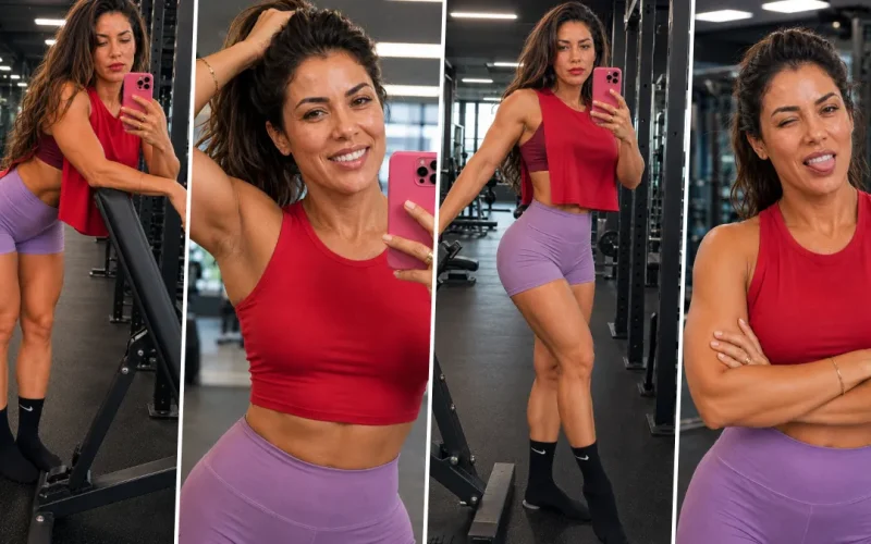 Realistic female fitness model taking gym selfie generated using AI photography prompt
