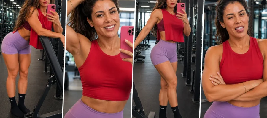 Realistic female fitness model taking gym selfie generated using AI photography prompt