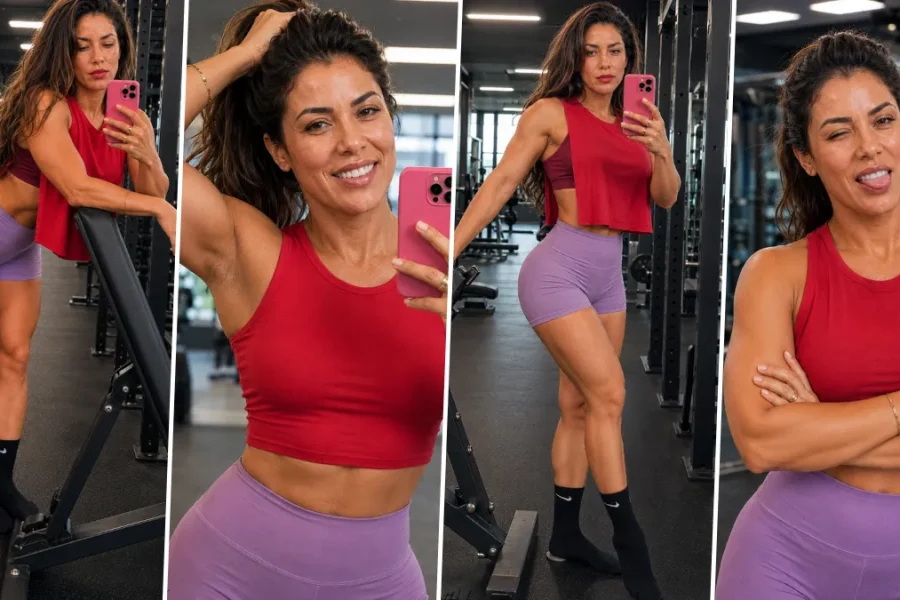 Realistic female fitness model taking gym selfie generated using AI photography prompt