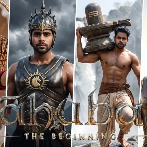 Epic Bahubali-inspired warrior portrait wearing dark armor with a bow in a cinematic setting
