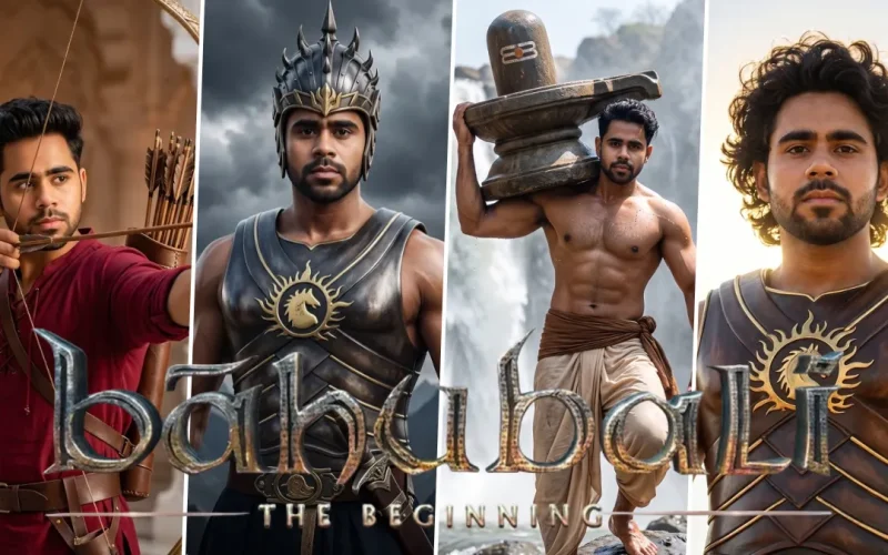 Epic Bahubali-inspired warrior portrait wearing dark armor with a bow in a cinematic setting